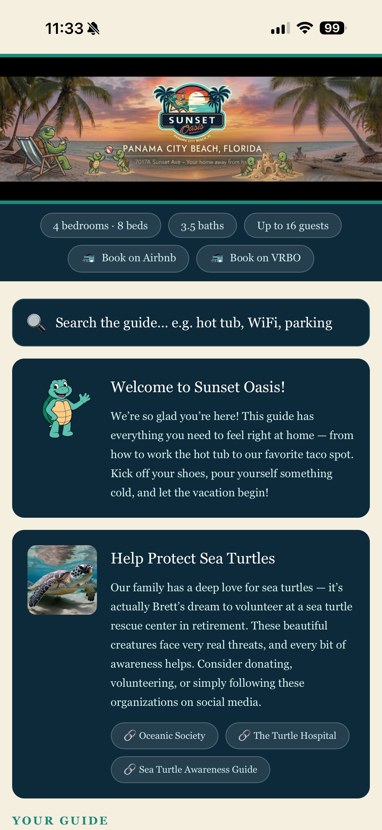 Sunset Oasis guest guide home screen